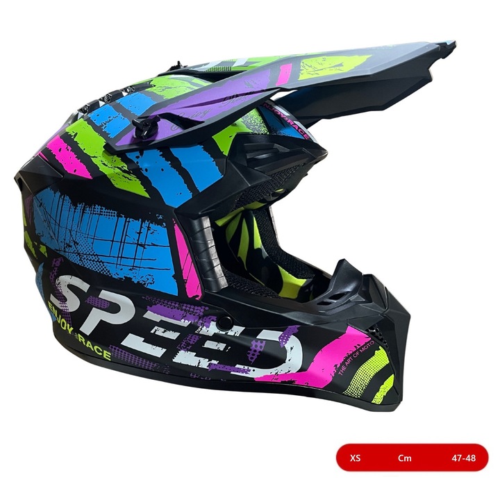 Casca copii Motocross - Enduro pentru motocicleta, ATV, bicicleta – marimea XS (47-48 cm), negru mat cu design neon multicolor