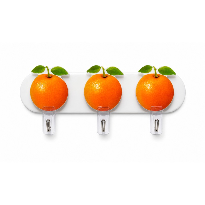 Agatatoare Perete cu 3 Carlige Autoadezive, Design Portocale, Suport Prosop / Chei, Plastic Rezistent, 15x5.5 cm, Portocaliu