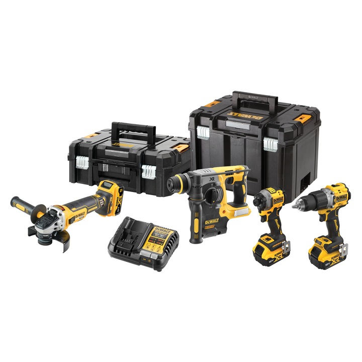 Set de 4 scule profesionale pe acumulator DeWALT DCK429P3T, 18V XR, include: masina de gaurit DCD805, masina de insurubat cu impact DCF850, polizor DCG405, ciocan rotopercutor DCH273, 3x acumulator 5 Ah, incarcator rapid, doua cutii transport TSTAK