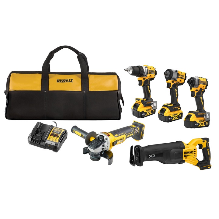 Set de 5 scule profesionale pe acumulator DeWALT DCK509P3, 18V XR, include: masina de gaurit DCD800, masini de insurubat cu impact DCF850 si DCF922, polizor DCG405, fierastrau sabie DCS386, 3x acumulator 5Ah, incarcator rapid, geanta material textil