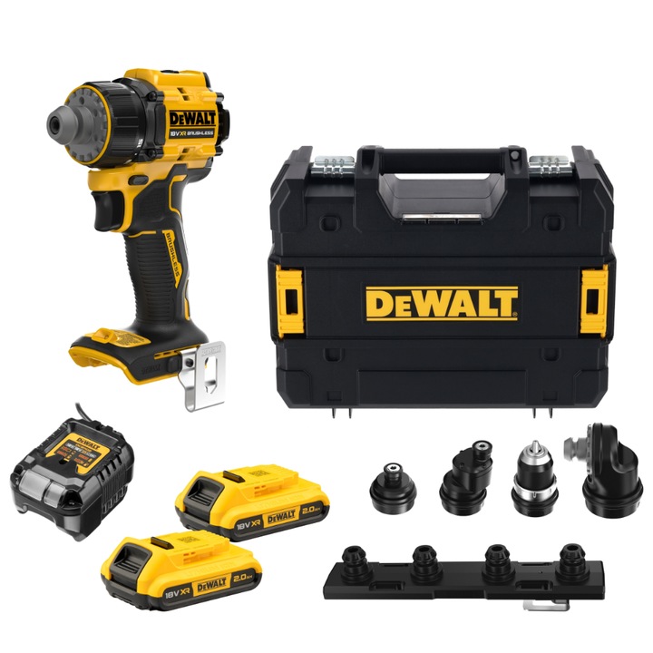 Masina de gaurit si insurubat cu capete multiple pe acumulator DeWALT DCD803D2T, 18V XR, brushless, 4 capete interschimbabile, 2x acumulator Li-Ion 2 Ah, turatie 0-1650 RPM, cuplu 73 Nm, 2 viteze, iluminare LED, incarcator, cutie TSTAK, Made in CZ