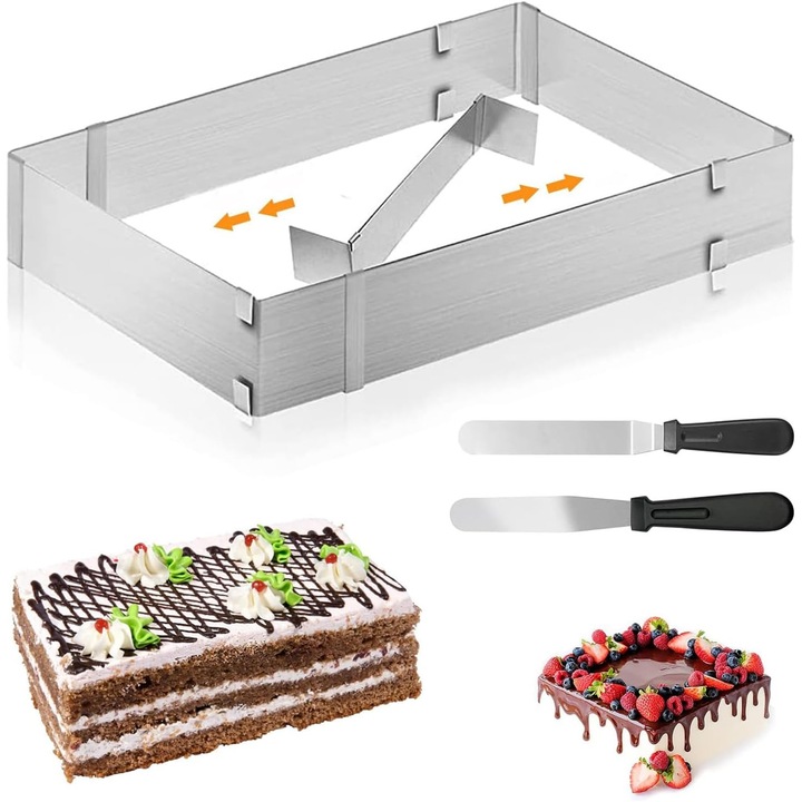Cadru dreptunghiular pentru patiserie, forma dreptunghiulara pentru patiserie, cadru extensibil pentru patiserie cu 2 spatule reglabile, forma patrata pentru tort pentru torturi si tarte mici si mari