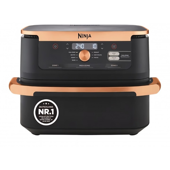Friteuza cu aer cald Ninja Foodi FlexDrawer Dual Zone AF500EUCP, capacitate 10.4 L, compartimente dual zone cu separator detasabil, invelis antiaderent, cos compatibil masina de spalat vase, 7 functii in 1, negru si cupru, termen livrare 7-8 zile