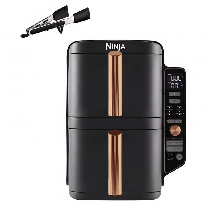 Friteuza cu aer cald Ninja Double Stack XL SL400EUCP, 9.5 L, 2 sertare verticale, 4 niveluri de gatire, design compact, 6 functii, capacitate 8 portii, cleste inclus, negru/cupru, termen livrare 7-8 zile