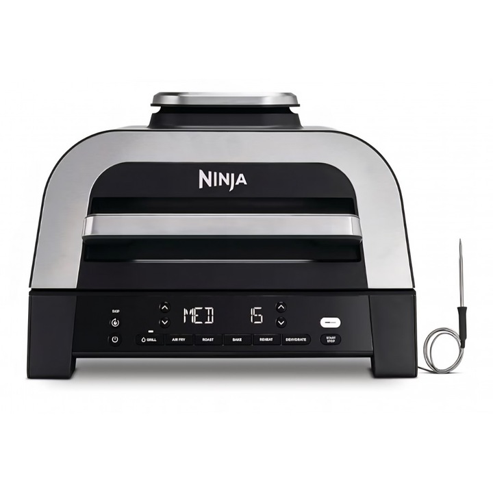 Grill electric si friteuza cu aer cald Ninja MAX DG551EU, 6 in 1, 3.8 L, pentru interior, 6 functii de gatire, capacitate pana la 6 burgeri, fum redus, termometru digital inclus, gri/argintiu, termen livrare 7-8 zile