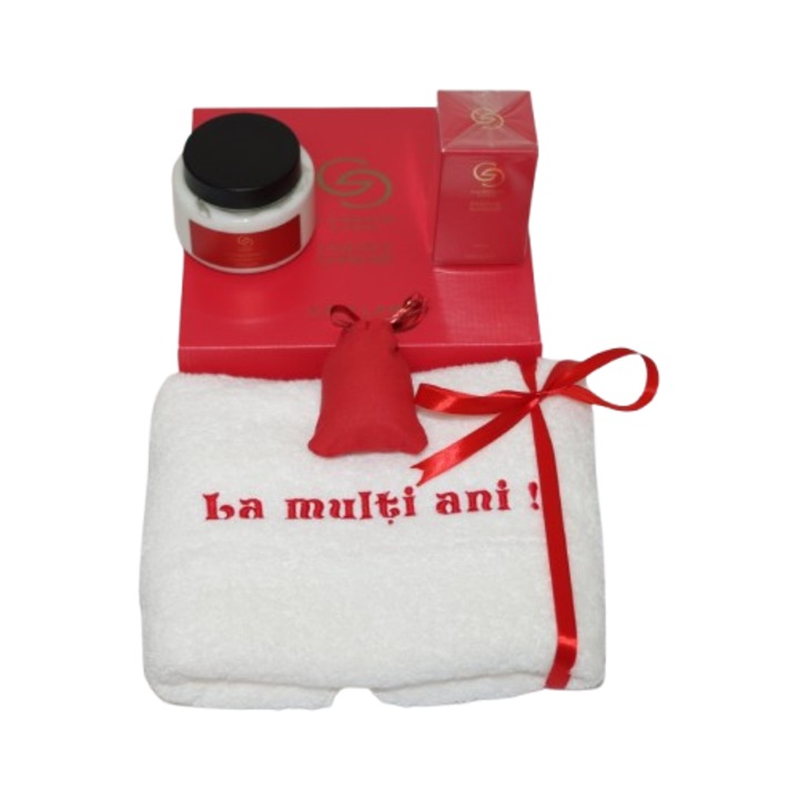 Set cadou parfumat Giordani Gold Essenza Supreme Oriflame 50 ml, crema de corp 250 ml cu prosop brodat 48x90 cm si saculet cu lavanda 20 g
