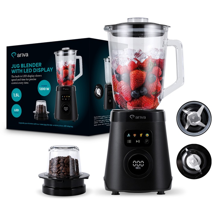 Blender 2in1 Ariva, 1000W, Cana sticla 1.5L, Rasnita cafea si seminte 250g, Afisaj LED tactil, 6 Lame Inox, Motor cupru, Zdrobire gheata, Auto-Clean, Pentru smoothie, supe crema, mancare bebelusi, cocktailuri, Protectie, Otel Inox/Negru