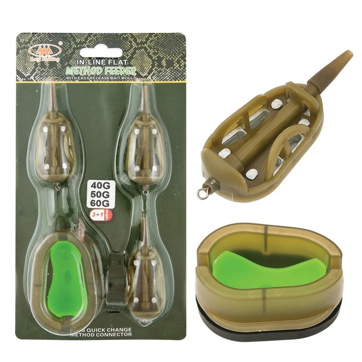 Set 3 momitoare method feeder 40g, 50g, 60g si presa de compressie nada