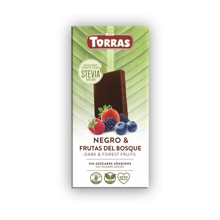 Ciocolata neagra 60% cu fructe de padure cu STEVIA (fara zahar, fara gluten, keto, vegan)125g - Torras