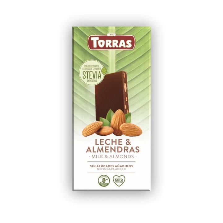 Ciocolata cu lapte si migdale cu Stevia (fara zahar, fara gluten, keto)125g - Torras