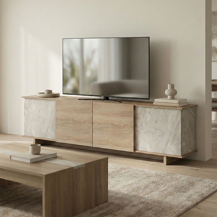 Zafore TV szekrény, sonoma tölgy/szürke-bézs, 180x33x50 cm