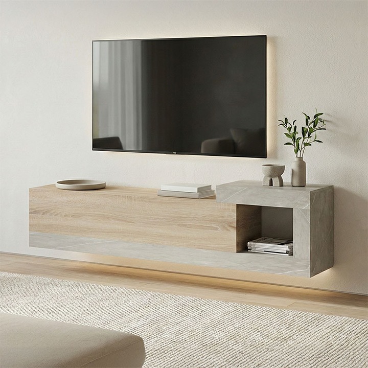 Flato TV szekrény, sonoma tölgy/szürke-bézs, 150x29.5x38.5 cm