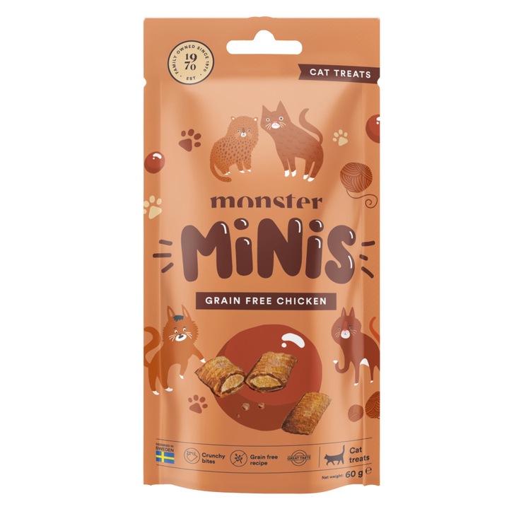 Monster Cat Treats Minis Pui 60g Crocant fara cereale pentru pisici cu pui