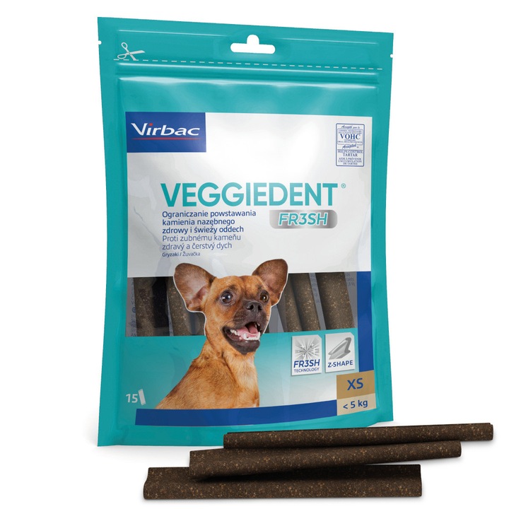 "VEGGIEDENT FR3SH XS x 15 - jucarie de mestecat, amestec complementar de hrana. Origine: VIRBAC A.H. FRANTA Nr. lot & cantitate: C525265 (30/09/2027)"