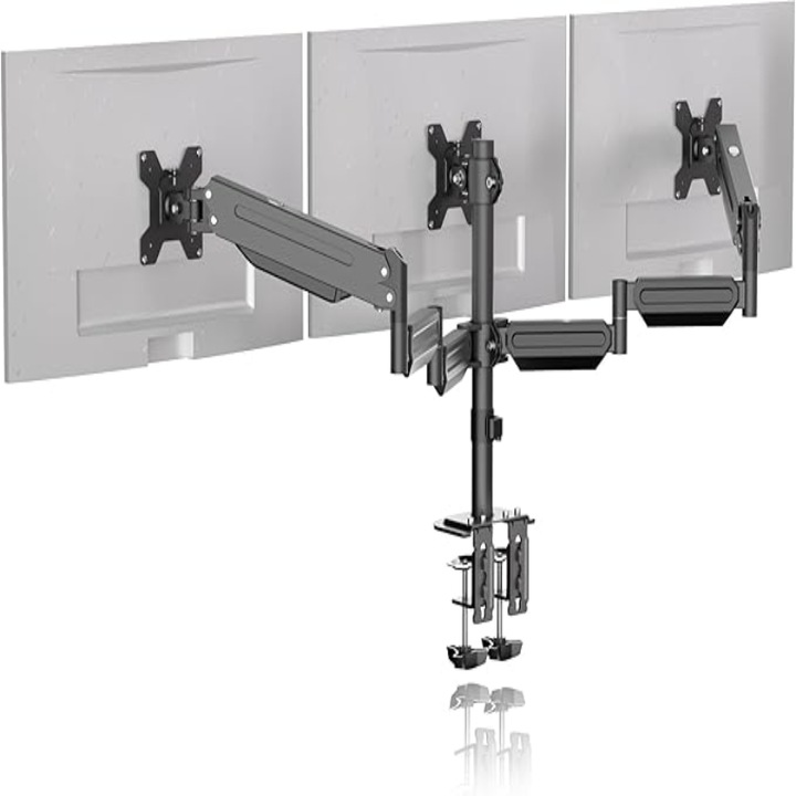 Suport 3 Monitoare Pholiten MD8003, 17–27 Inch, Brate pe Gaz, Reglabil pe Inaltime, Rotire 360°, VESA 75/100, 6 kg/Brat