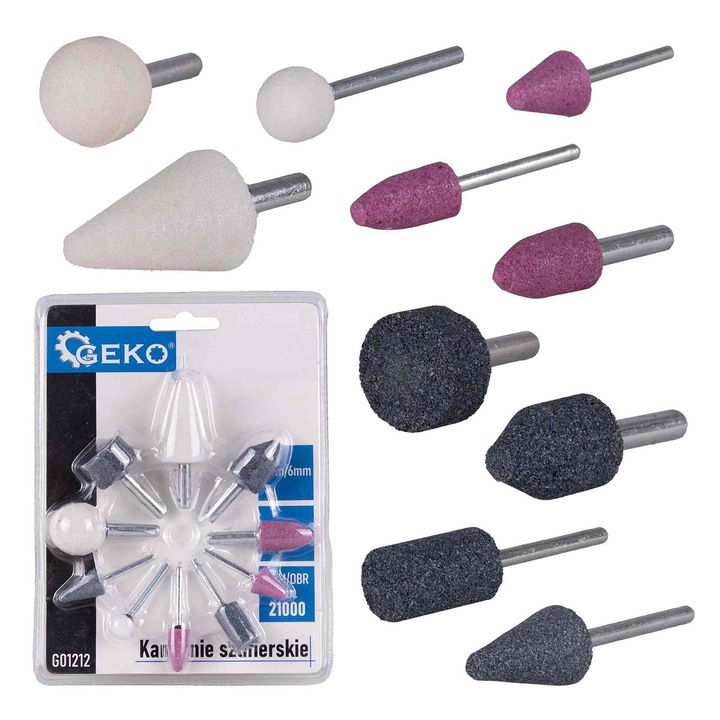Set pietre abrazive pentru slefuit, GEKO, diametru 3mm si 6mm, 10 piese