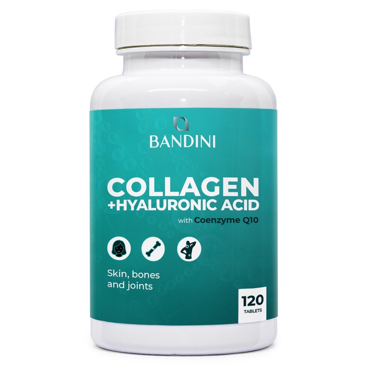 Tablete Bandini Collagen & Hyaluronic Acid, colagen hidrolizat, acid hialuronic cu coenzima Q10, vegan, alb, 120 tablete