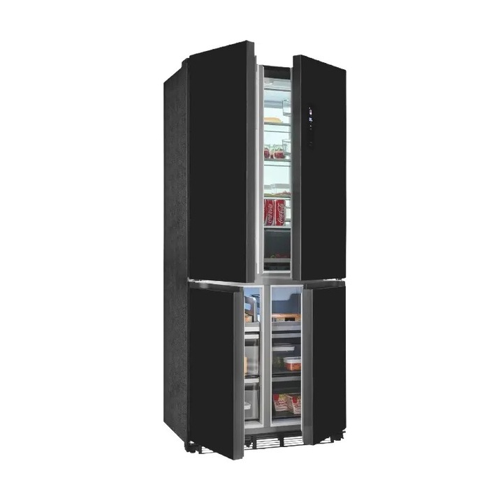 Frigider side by side cu 4 usi sticla incorporabil Exquisit, H 193 cm, capacitate totala 466 litri, Full No Frost, MultiAirflow, racire si congelare rapida, Child Lock, alarma usi deschise, control invididual de temperatura, picioare ajustabile, negru