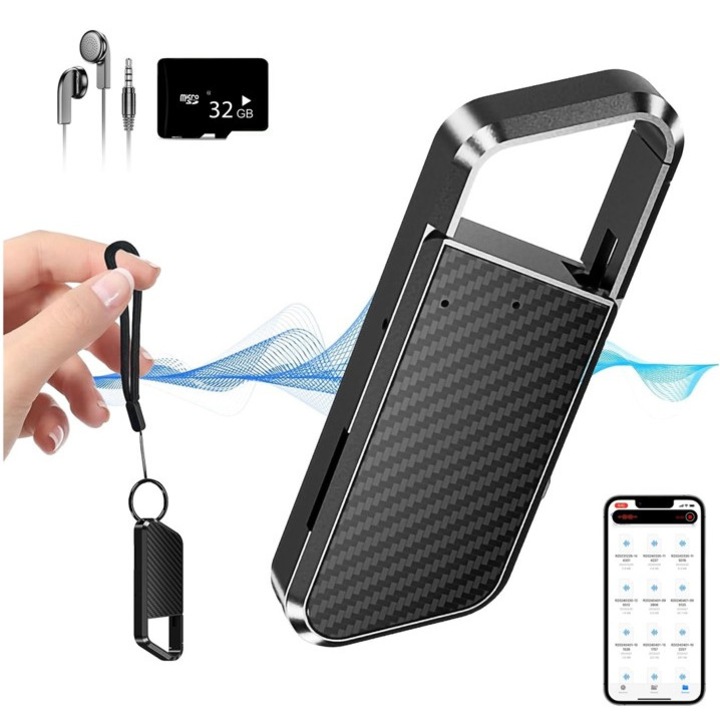 Mini Diktafon Kulcstartó, Sinzo®, 32GB, 13 óra üzemidő, Hangvezérlés, Zajcsökkentés, MP3 lejátszó funkció, Automatikus mentés, OTG, Professzionális, Ultra Diszkrét, Fém, Fülhallgató mellékelve