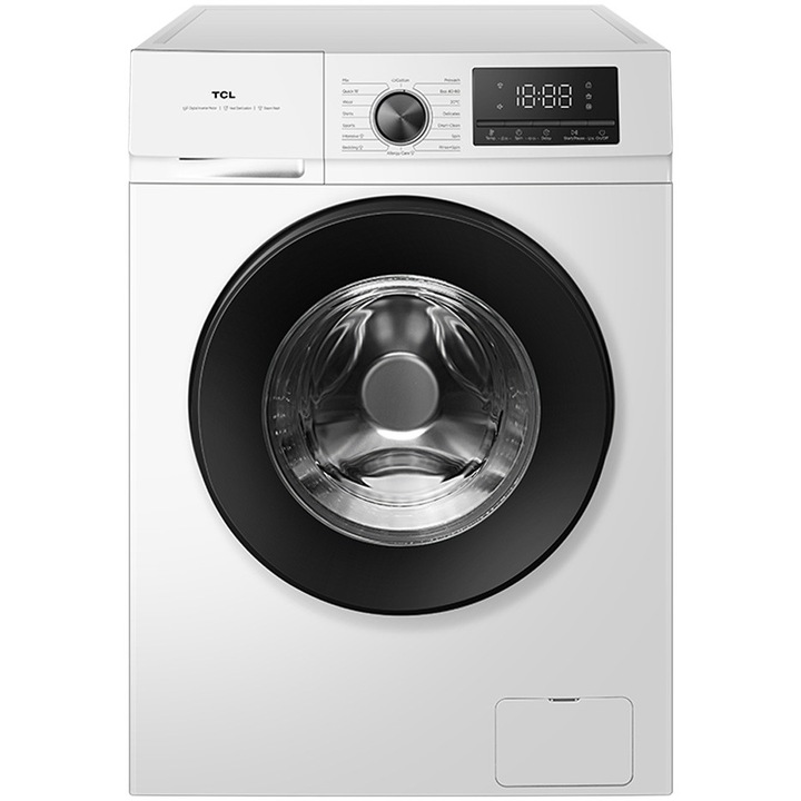 TCL FF0824SA2 mosógép, 8 kg, 1400 RPM, A-10% osztály, Digitális inverteres motor BDLC, MAGIC Flow, Gőzmosás, Dobtisztítás, Méhsejtes dob, Gyorsmosás 15 perc, 24 órás késleltetés, Ruha hozzáadás, 16 program, Fehér