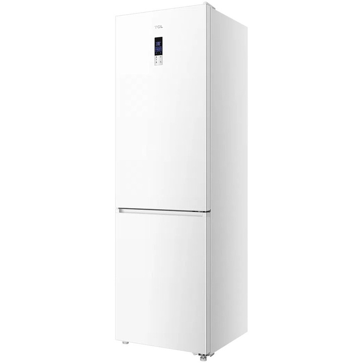 Combina frigorifica TCL MEGA Space RP409BWE0, 409L, Total No Frost, Compresor Inverter, Display Touch, T-Fresh, Multi-air flow, Power Cool, Power Freeze, Sertar Crisper, Usa reversibila, deschidere 90°, Maner retras, Iluminare LED, Clasa E, H 185 cm, Alb