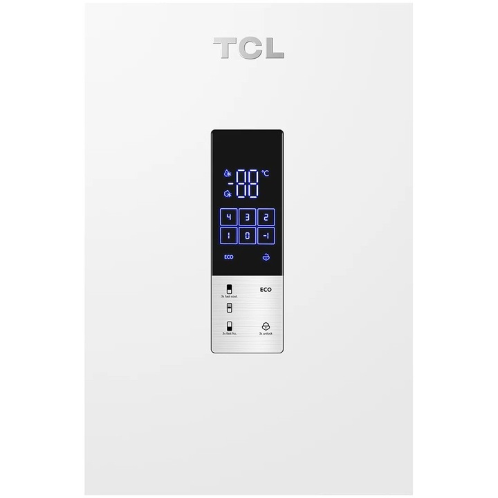 Combina frigorifica TCL MEGA Space RP409BWE0, 409L, Total No Frost, Compresor Inverter, Display Touch, T-Fresh, Multi-air flow, Power Cool, Power Freeze, Sertar Crisper, Usa reversibila, deschidere 90°, Maner retras, Iluminare LED, Clasa E, H 185 cm, Alb