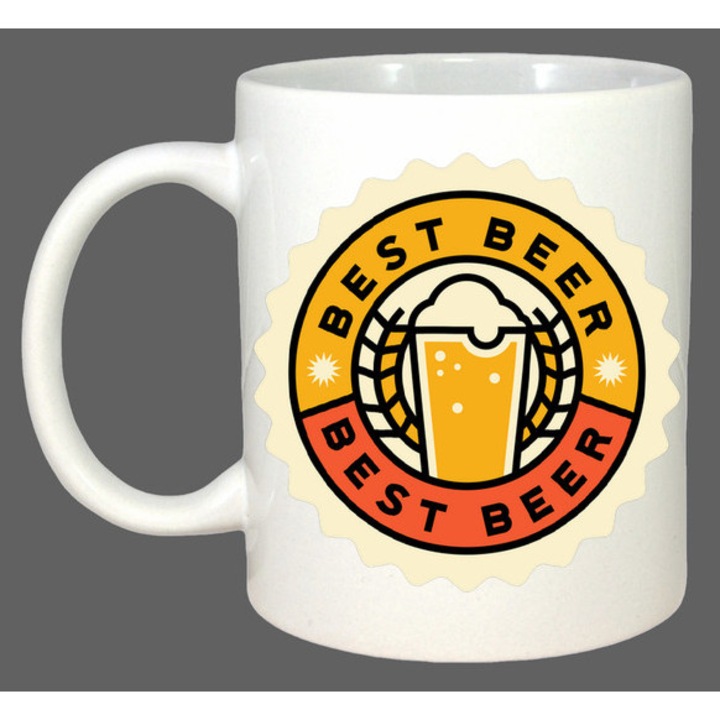 Cana Best Beer Emblema Galbena Rotunda, Cadou, Sarbatori, Cri-Flo, Culoare Alb, 330 ml