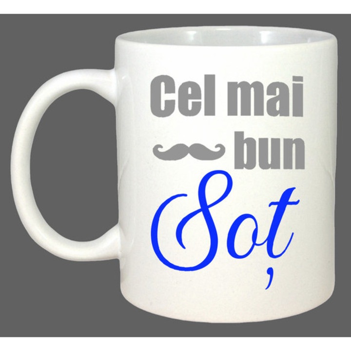 Cana Cel Mai Bun Sot Scris Albastru Cu Mustata V12, Cadou, Sarbatori, Cri-Flo, Culoare Alb, 330 ml