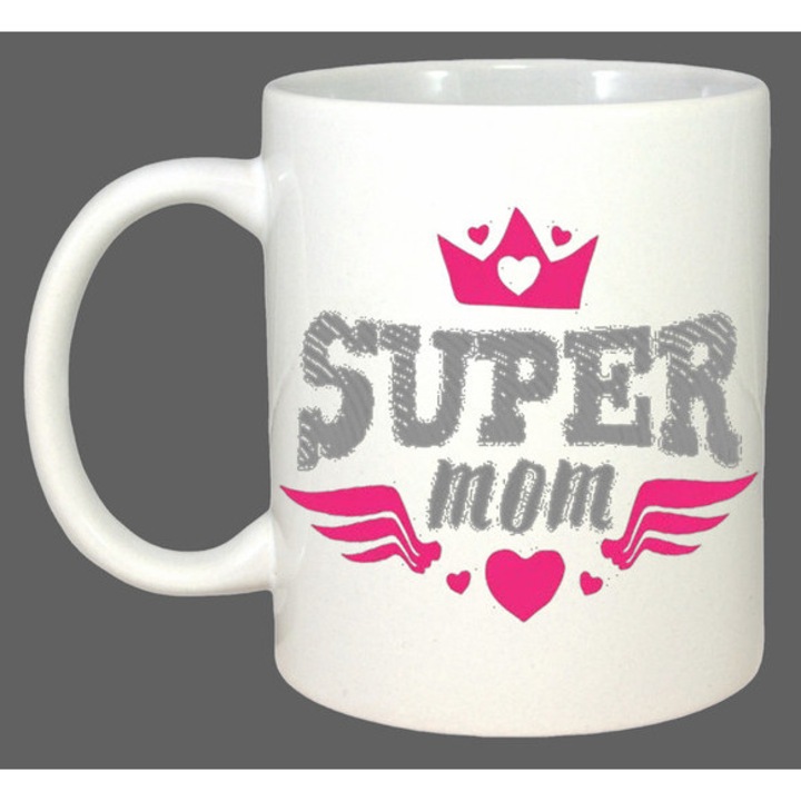 Cana Super Mom Logo Roz Cu Coroana, Cadou, Sarbatori, Cri-Flo, Culoare Alb, 330 ml