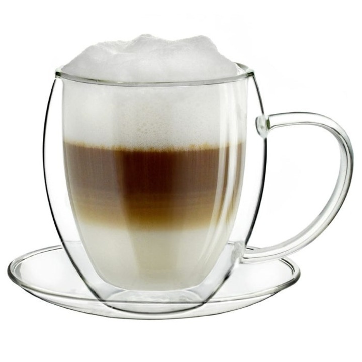 Cana termica XXL Creano, 400 ml, sticla borosilicata, perete dublu, cu farfurioara