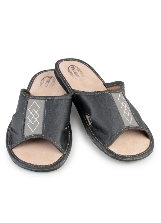 Papuci de casa barbati din Piele Naturala, model geometric Diamond, Brant Anatomic, Negru | Gri