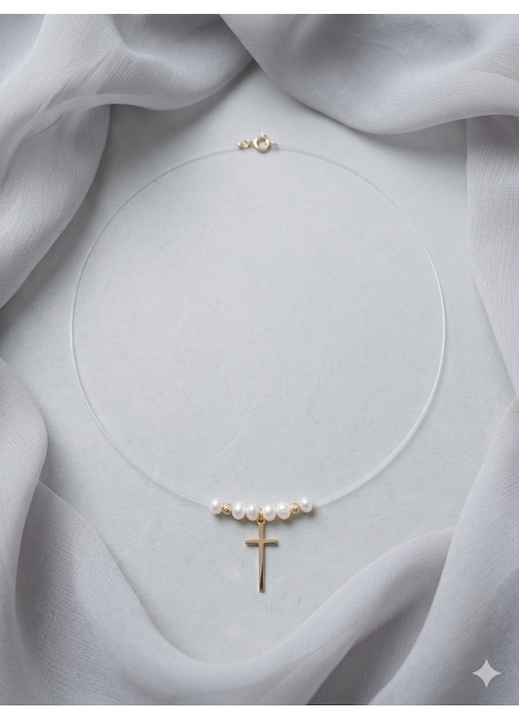 Colier din fir transparent cu cruciulita de aur 14k si perle de cultura calitatea AA