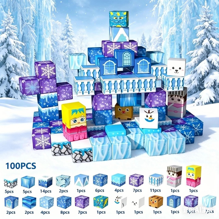 Mágneses építőkockák 100 darab, 2x2cm, Mágneses építőkocka készlet, EXCITAT®, 3D, többféle modell, kreativitás és kognitív fejlődés, ABS műanyag, 3-10 éves gyermekeknek, motoros készségek fejlesztése, STEM oktató mágneses építőkockák