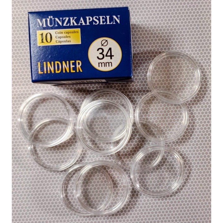 Capsule arhivare Lindner 10 buc, acril, transparent, interior 34 mm