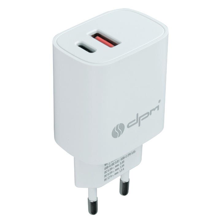 DPM CLT099 - 2 x USB (A+C) зарядно, QuickCharge, 3A, бял