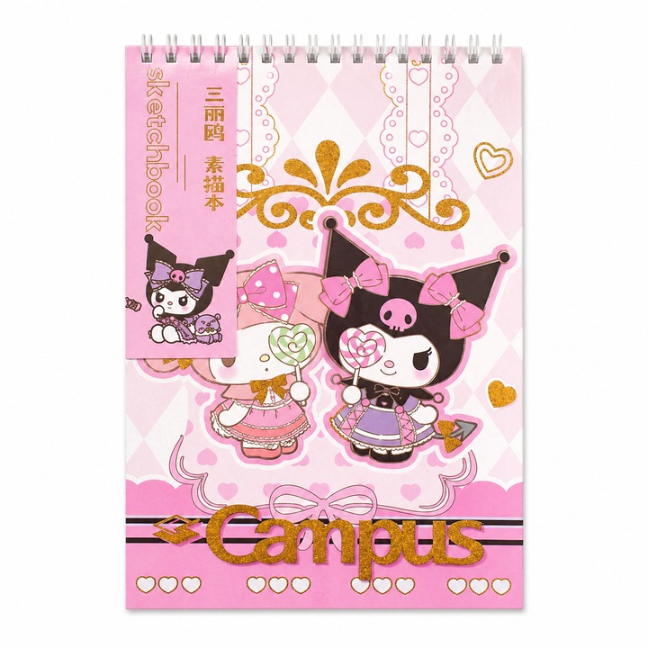 Sketchbook A4 Campus kawaii 45 file 140g, caiet desen spirala, bloc schite artistic, hartie groasa desen, jurnal creativ copii, caiet cute roz, desen creion markere