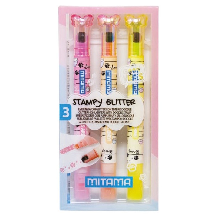 Текстмаркери-печати MITAMA Stampy Glitter, 3 цвята, опаковка 3 бр