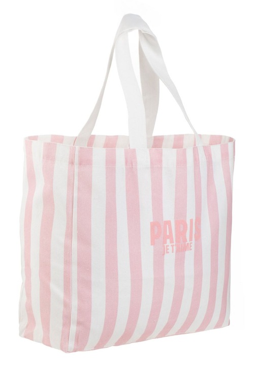 Rózsaszín-fehér textil bevásárlótáska csíkos mintával „Paris Je T'Aime” 46x13x39cm