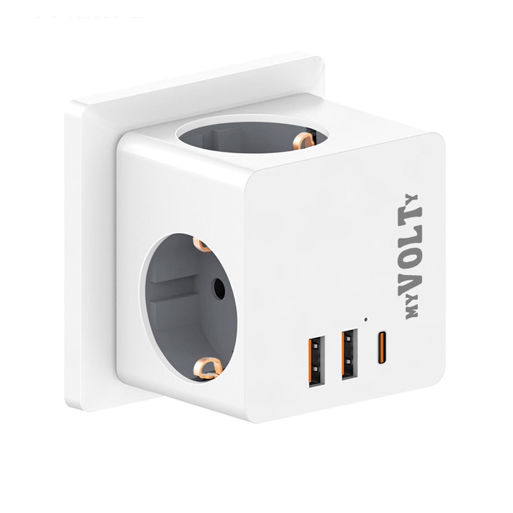 Разклонител Контакт, MYVOLTY, Tри гнезда, USB type A, USB type C, 17W, 16А, 3680W при 250V, 66/66/87 милиметра, Бял