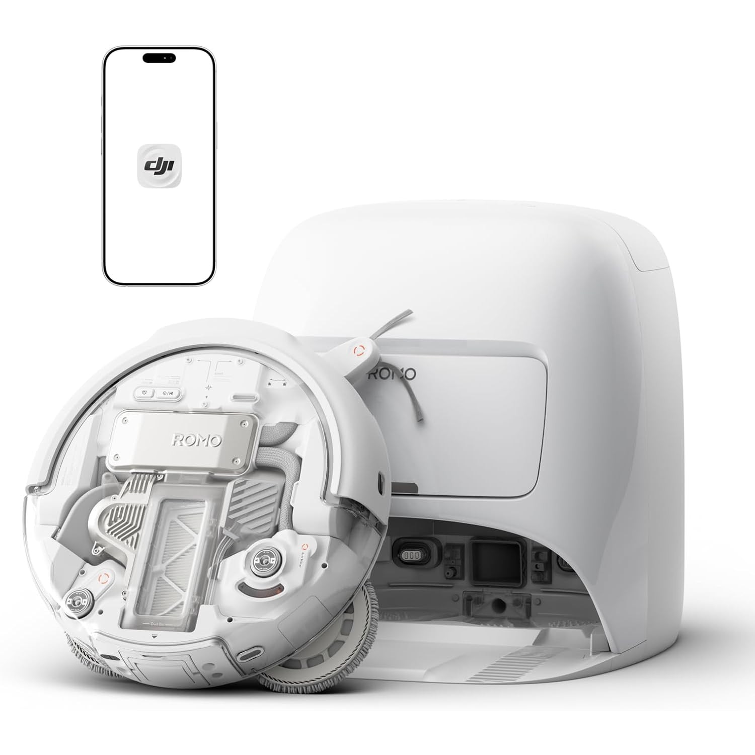 Robot aspirator cu mop DJI Romo A Robot Vacuum Cleaner, 25.000 Pa, statie auto-curatare, cartografiere AI, anti-incurcare par, control aplicatie