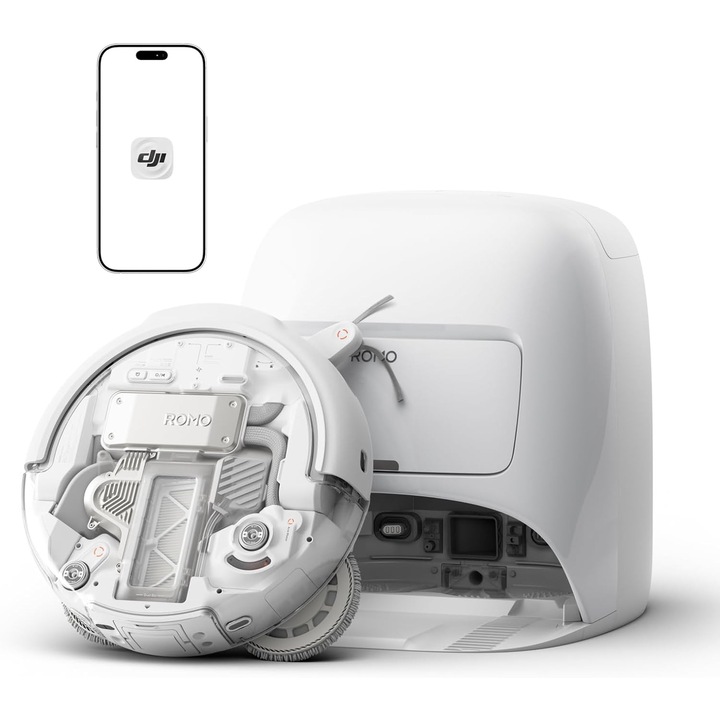Robot aspirator cu mop DJI Romo A Robot Vacuum Cleaner, 25.000 Pa, statie auto-curatare, cartografiere AI, anti-incurcare par, control aplicatie