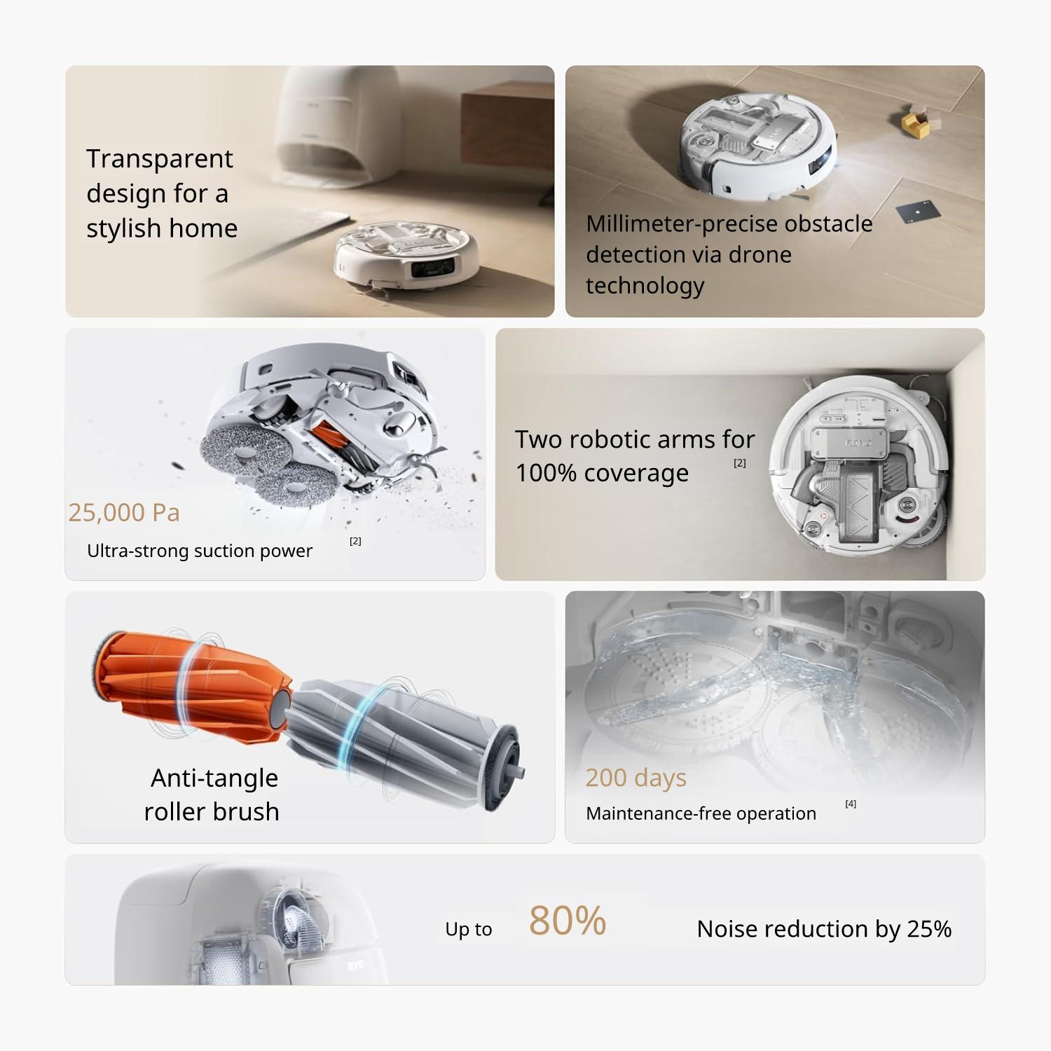 Robot aspirator cu mop DJI Romo A Robot Vacuum Cleaner, 25.000 Pa, statie auto-curatare, cartografiere AI, anti-incurcare par, control aplicatie