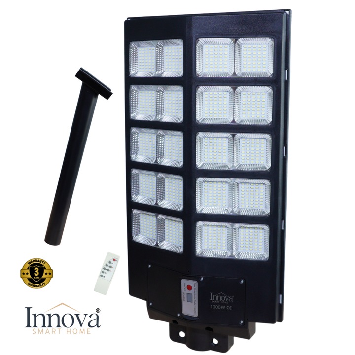 Helio PRO Innova 1000W napelemes utcai lámpa – LED 80 000 lm, mozgásérzékelő, fényérzékelő IP66, távirányító és rögzítő konzol + meglepetés ajándék