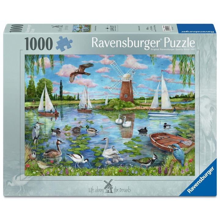 Пъзел Ravensburger Живот по Броудс, 1000 части, езерна природа с лодки и птици, Многоцветен, 1 бр