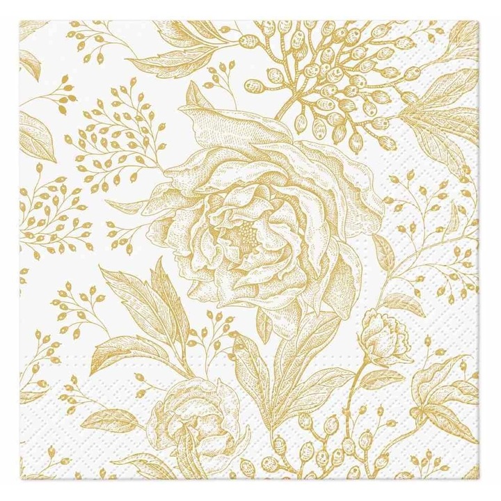 PAW Peonie papírszalvéták, bazsarózsa mintával, 33x33 cm, fehér/arany, 20 db