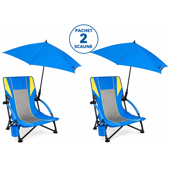Pachet de 2 Scaune Plaja Pliabil OutdoorPro cu Umbrela UPF 50+, Reglabila 360°, Suport Pahar, Portabil, Camping, Pescuit, Outdoor