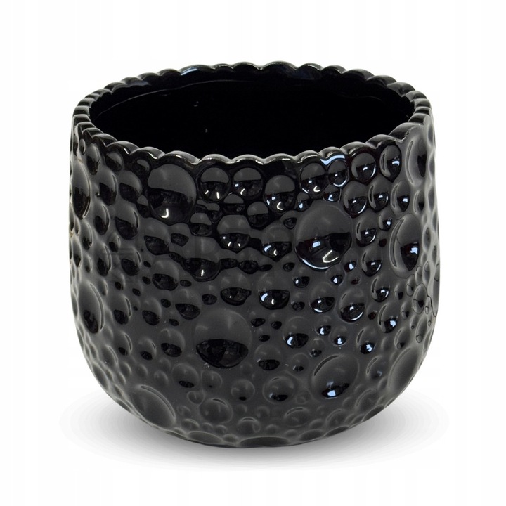 Polnix kerámia virágtartó, domború formájú, buborékos textúrával, fényes fekete, 14 cm