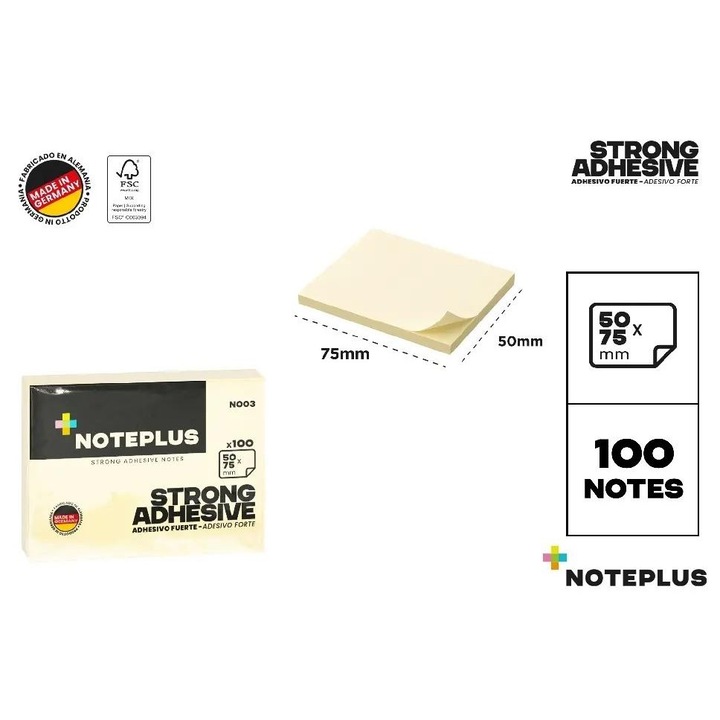 Öntapadós jegyzettömb / öntapadós cetli MP Main Paper NotePlus, 75x50 mm, erős ragasztó, sárga, 100 db