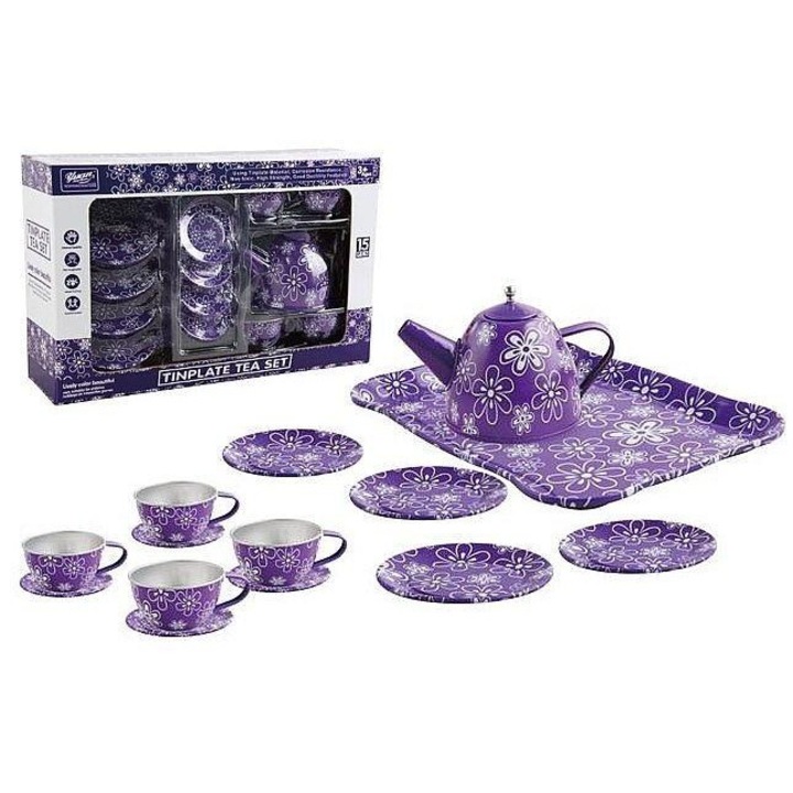 Set ceai ADAR metalic, cu motive florale, set pentru servire, mov, 15 piese