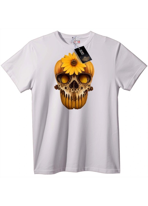 Tricou Craniu cu Floarea Soarelui, Alb, 5XL